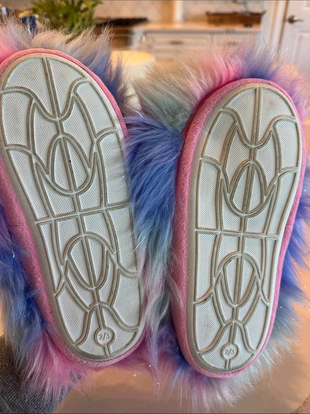 Stevies Multicolor Pastel Faux Fur Unicorn Slippers with Sparkle Horns